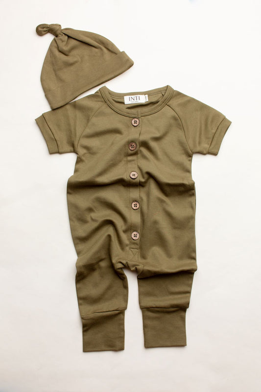 Organic Cotton Short Sleeve Romper in Olive with Wooden Buttons! This comfortable, stylish clothing item is gender neutral and perfect for your little one.